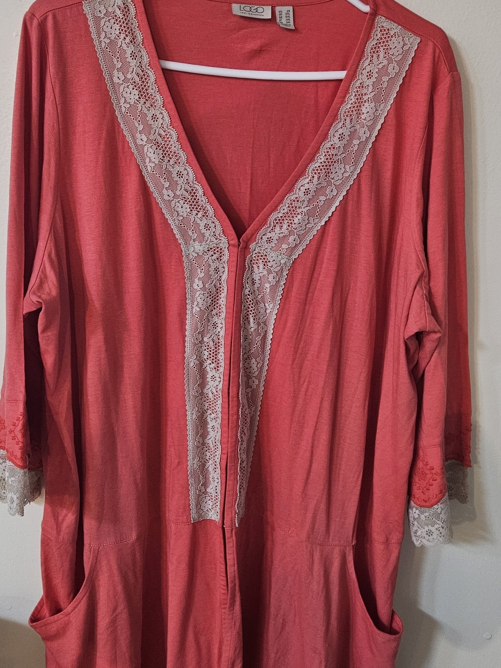 Coral Lace-Trim Women's Cardigan with Cream Accents. Embroidered, Fall, Boho